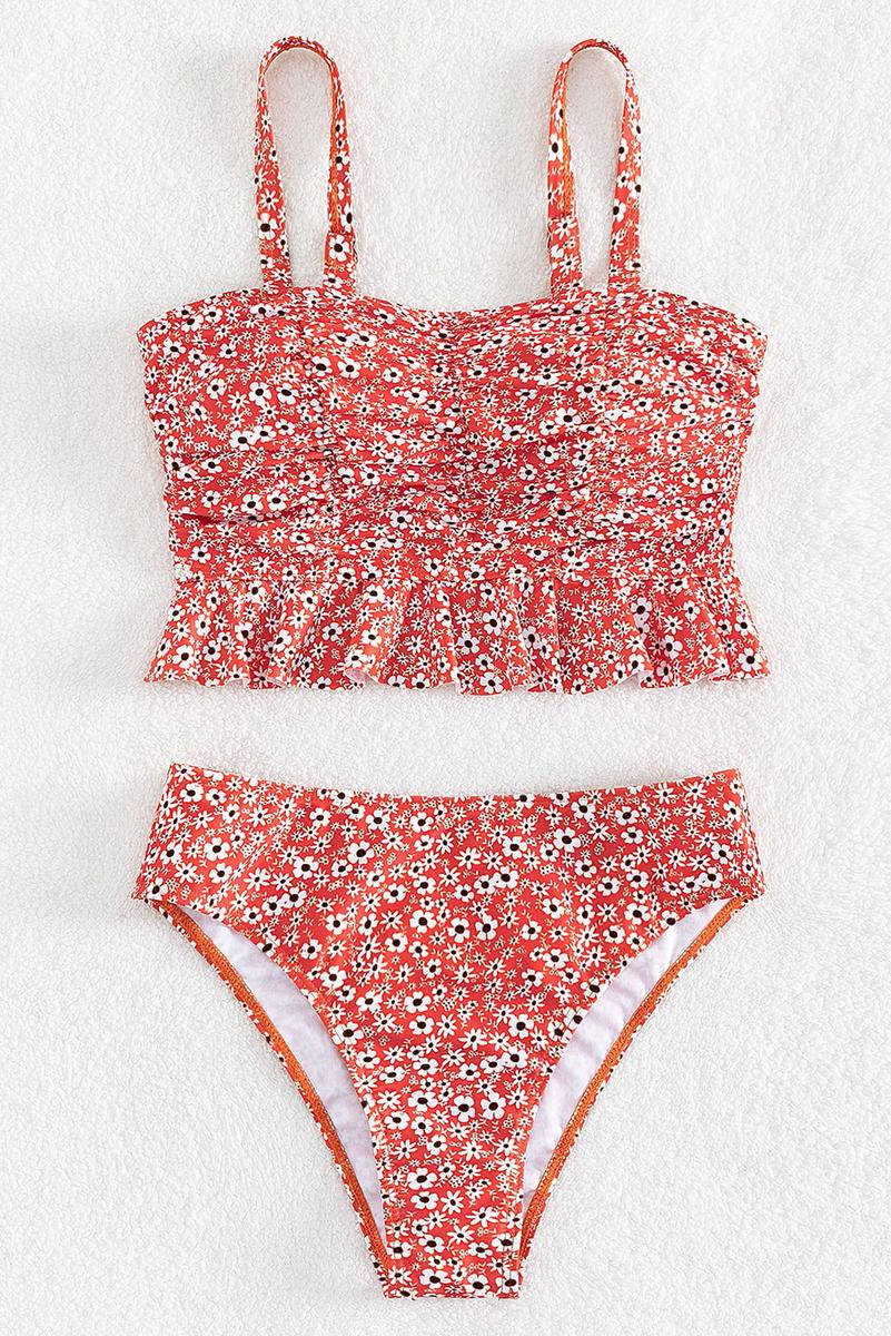 2Pcs Dainty Floral Print Ruffle Trim Bikini Swimsuit