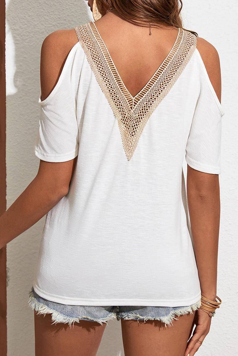 Contrast Guipure Lace Cold Shoulder Tee