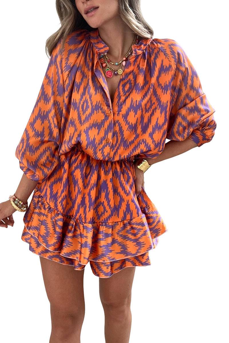 Aztec Orange Print Bubble Sleeve High Waist Romper