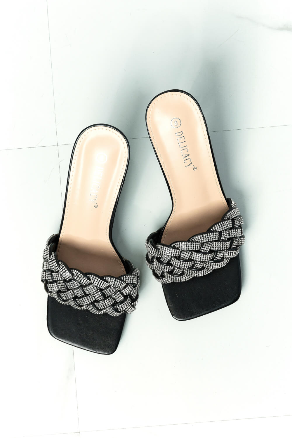 DELICACY Showstopper Braided Rhinestone Heel Slide in Black