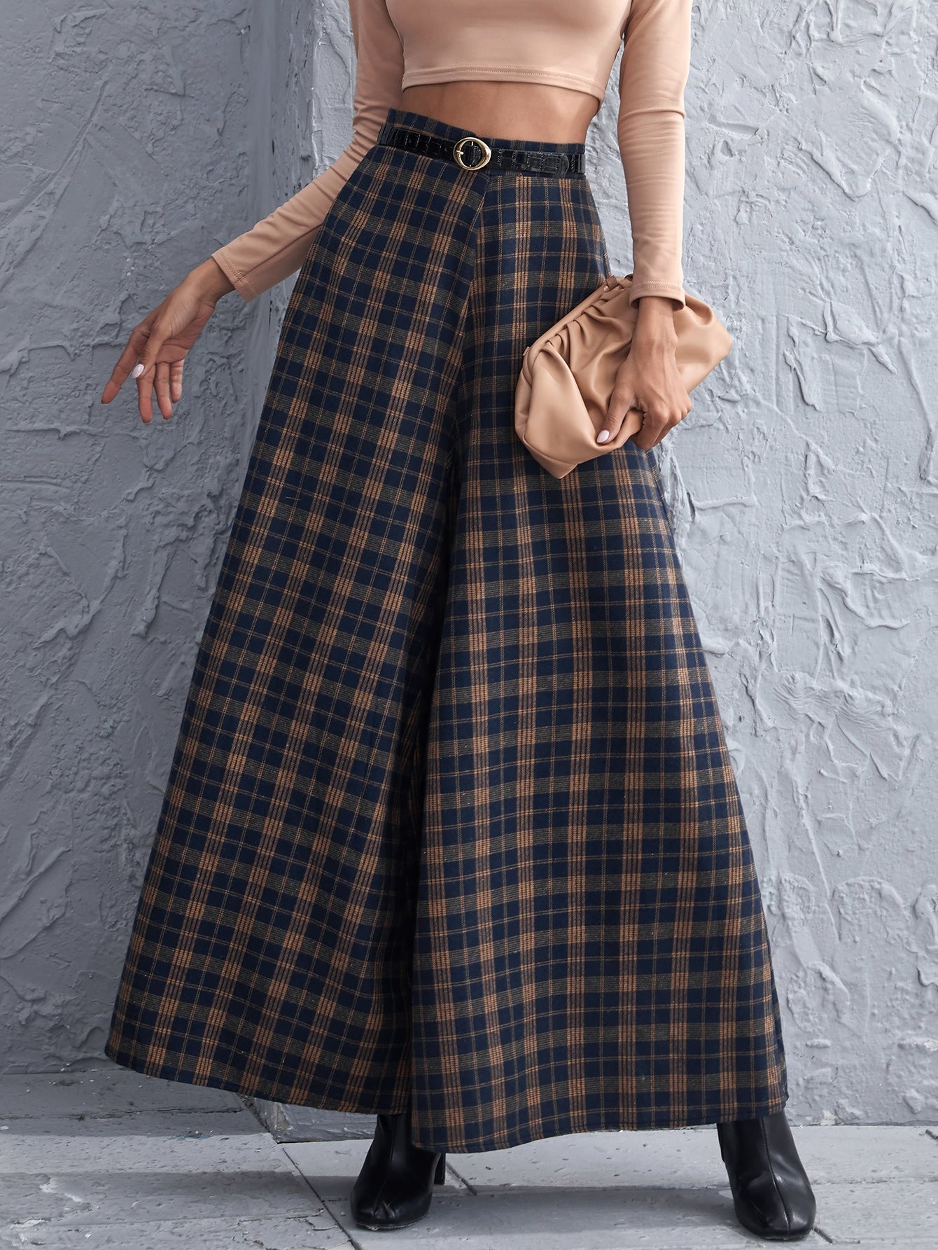 Tartan Wide Leg Pants Without Belt