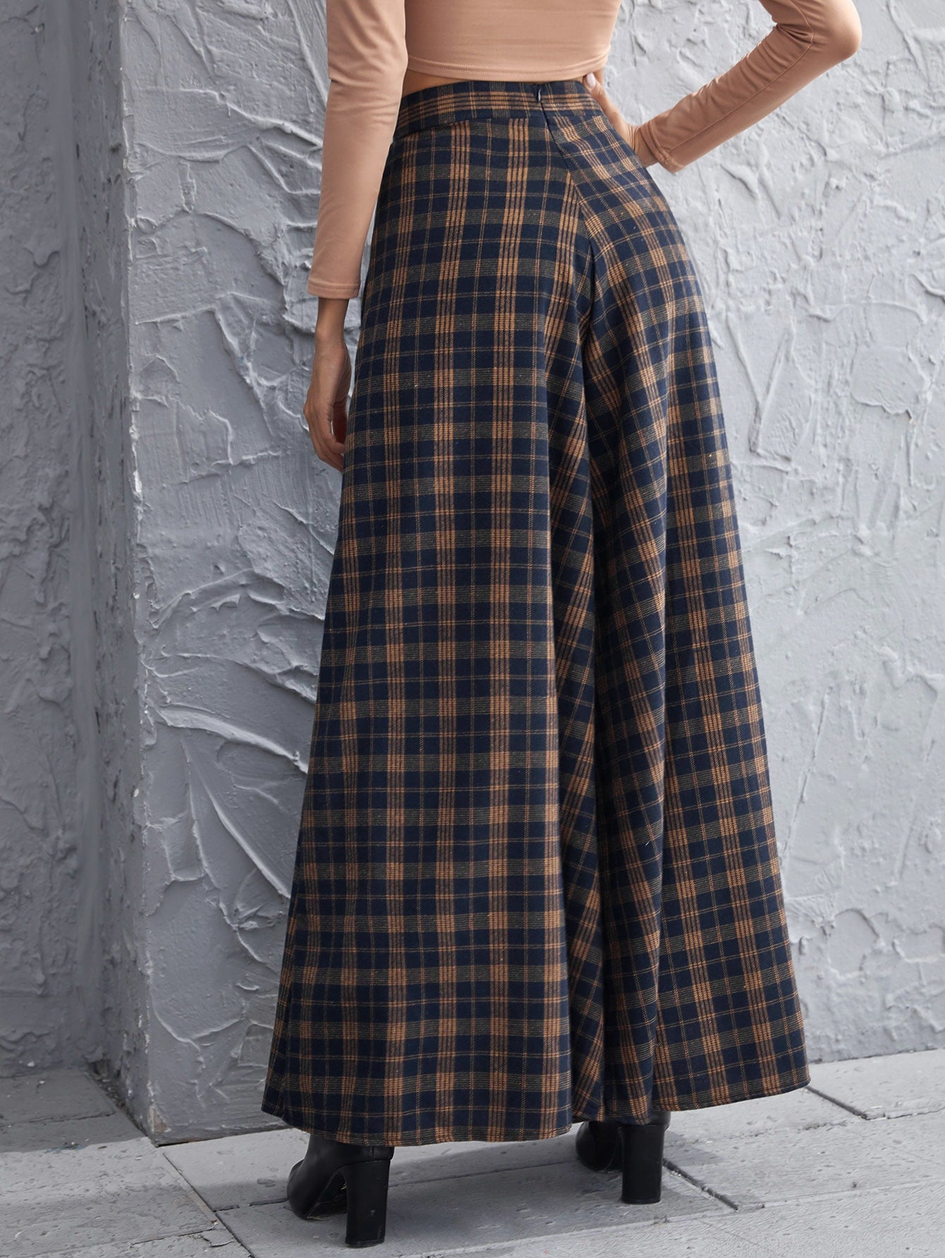 Tartan Wide Leg Pants Without Belt