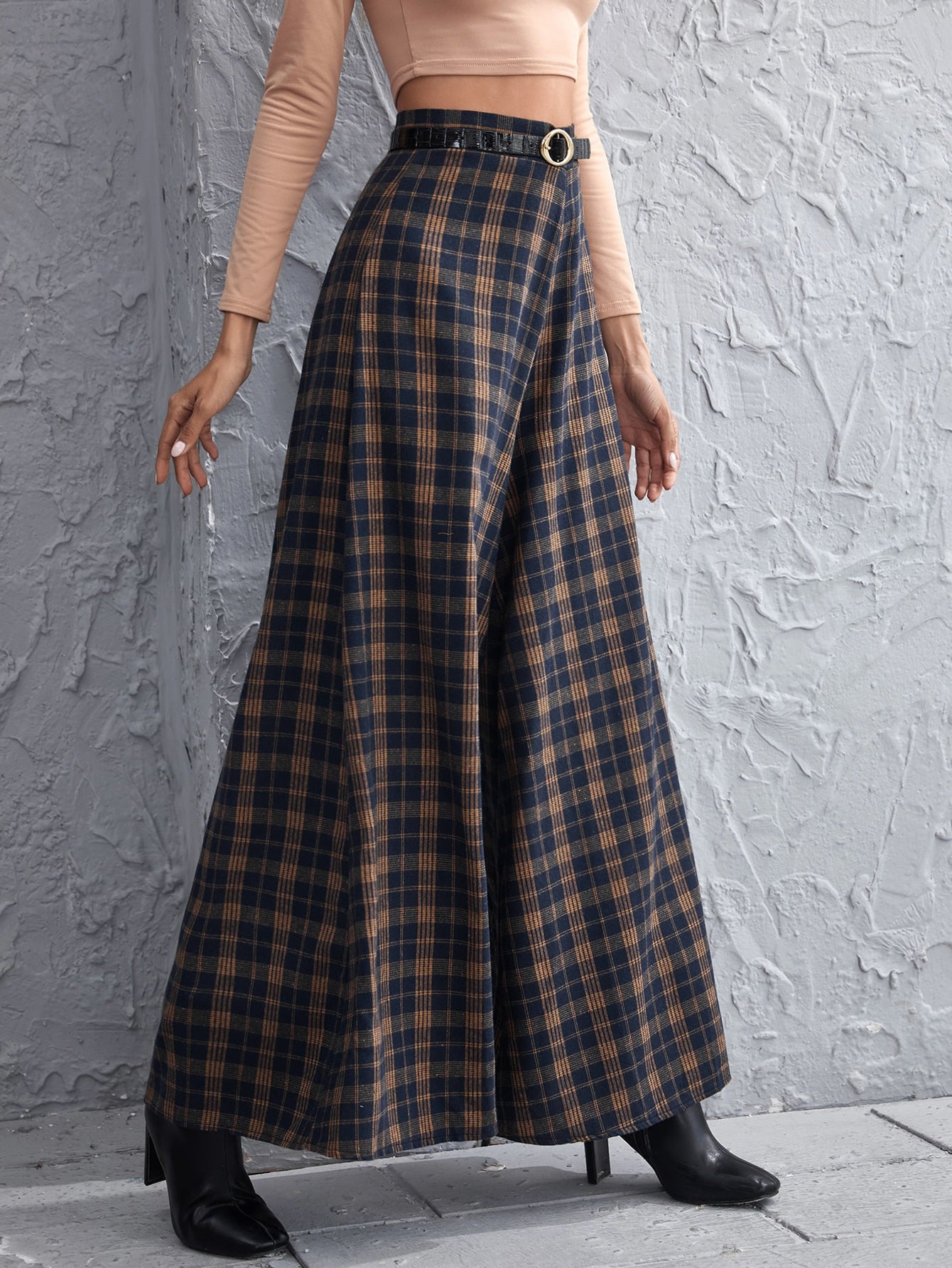 Tartan Wide Leg Pants Without Belt