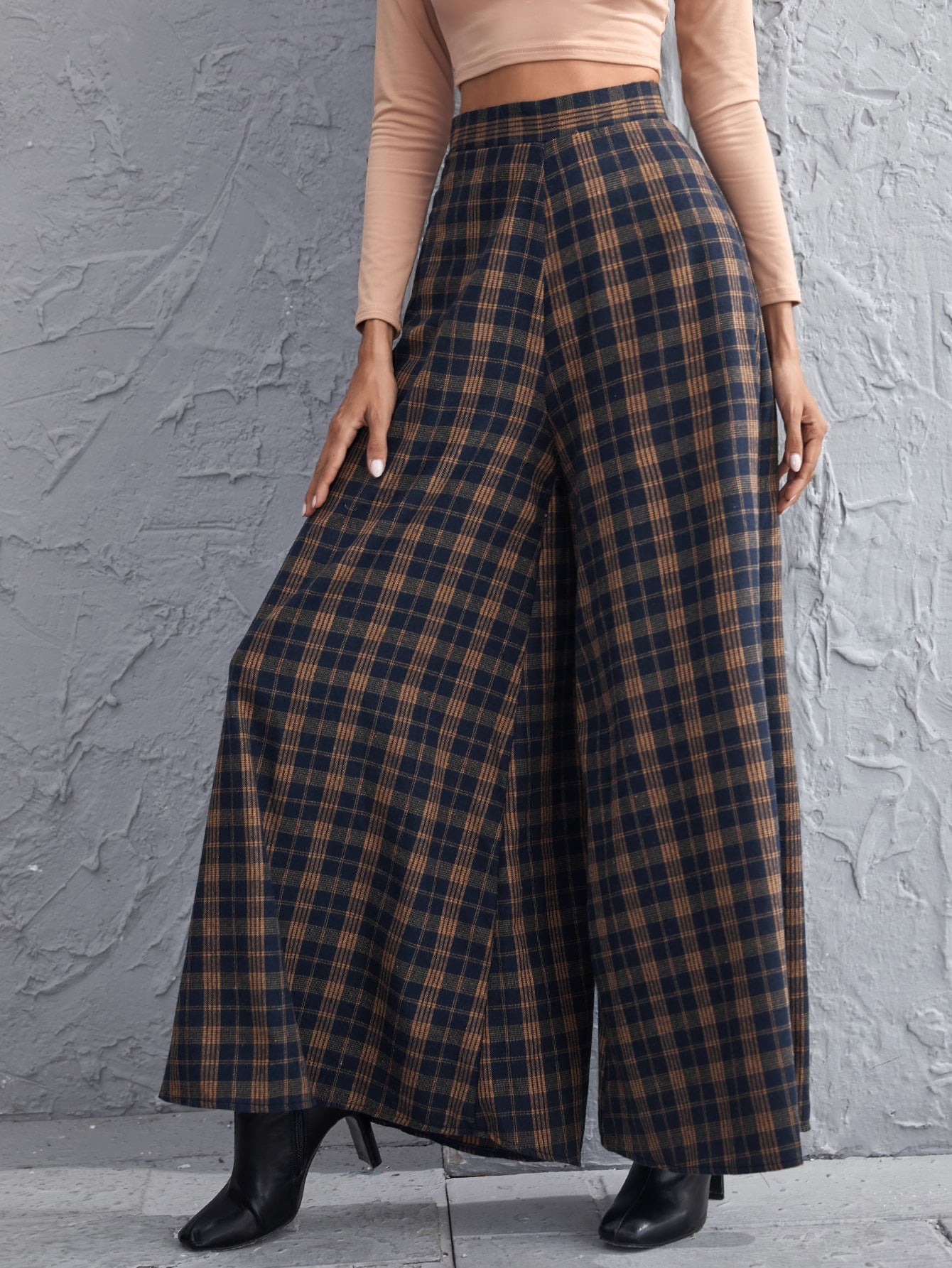 Tartan Wide Leg Pants Without Belt