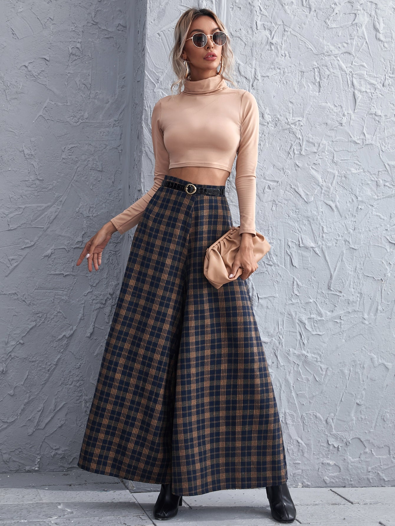 Tartan Wide Leg Pants Without Belt