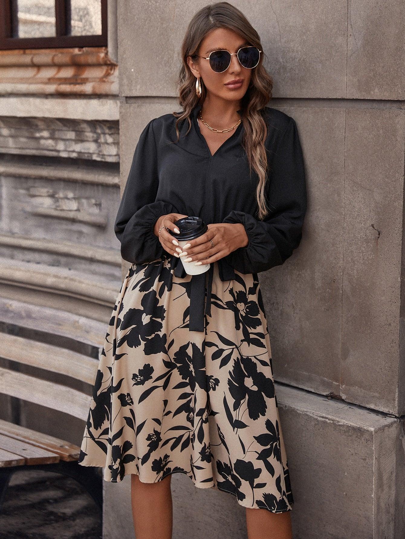 Floral Print Lantern Sleeve Belted Dress - Beauty Always Fashion