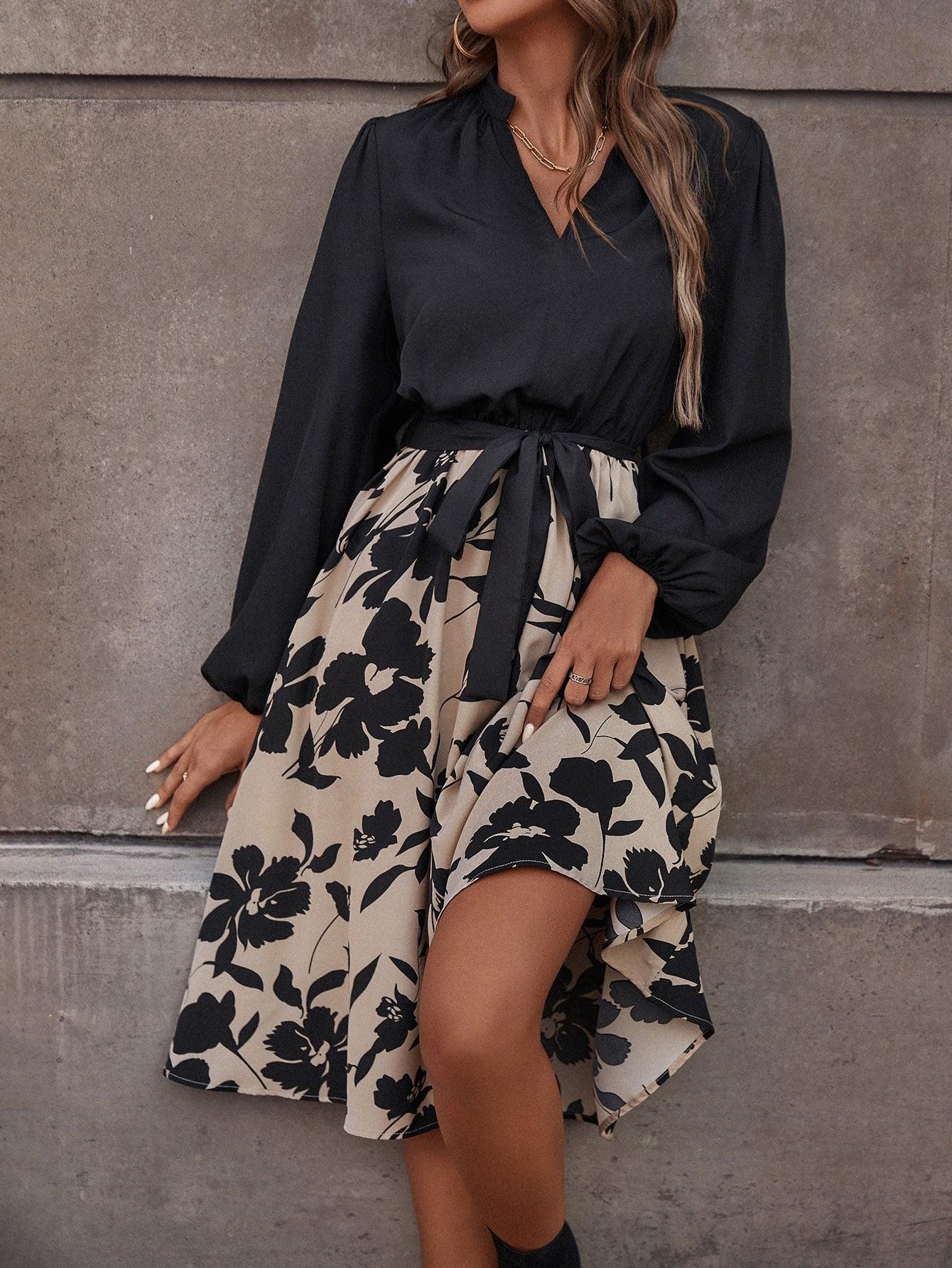 Floral Print Lantern Sleeve Belted Dress - Beauty Always Fashion