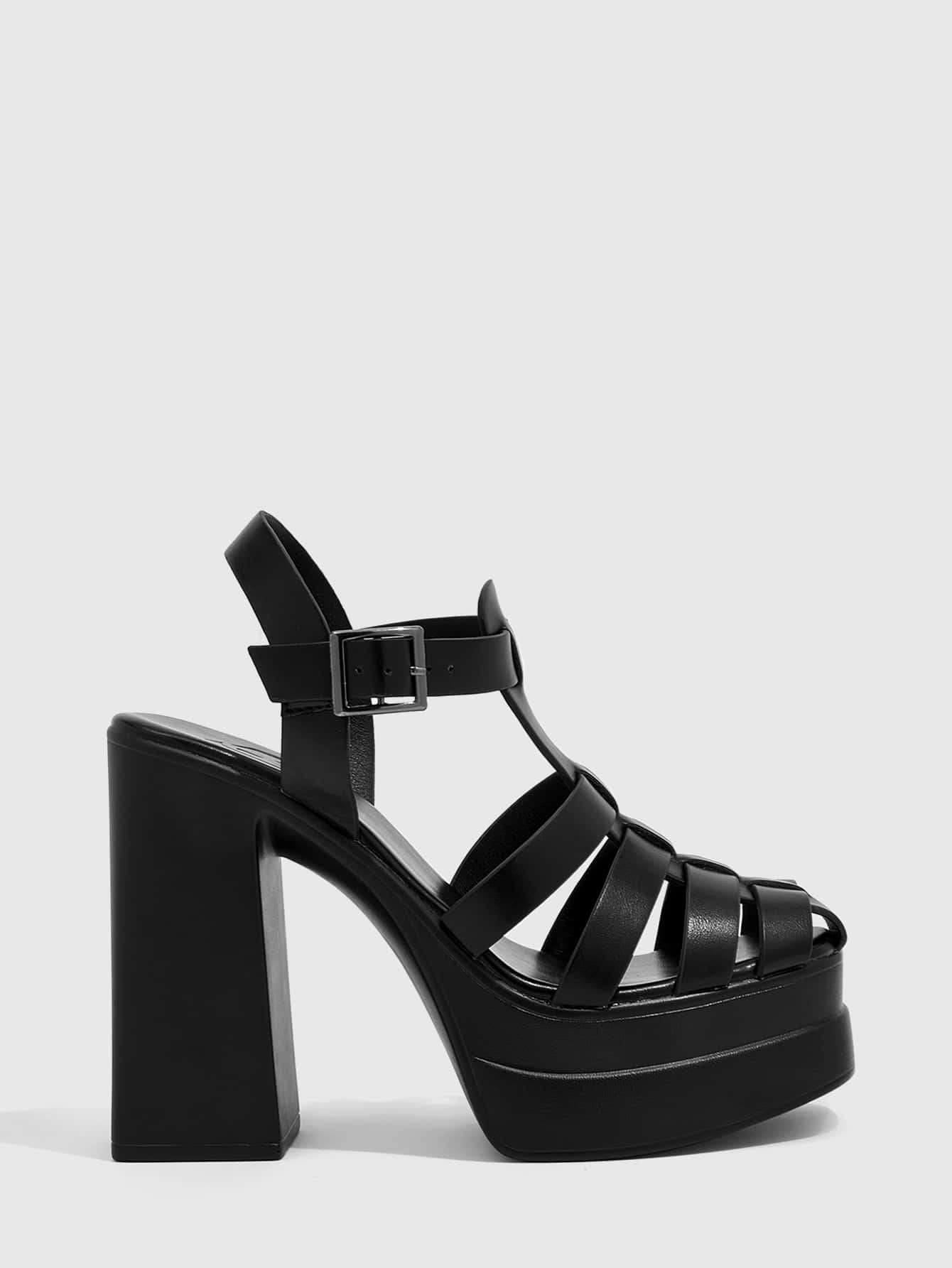 Black Leather-Look Footbed Mid Block Heel Gladiator Sandals | New Look