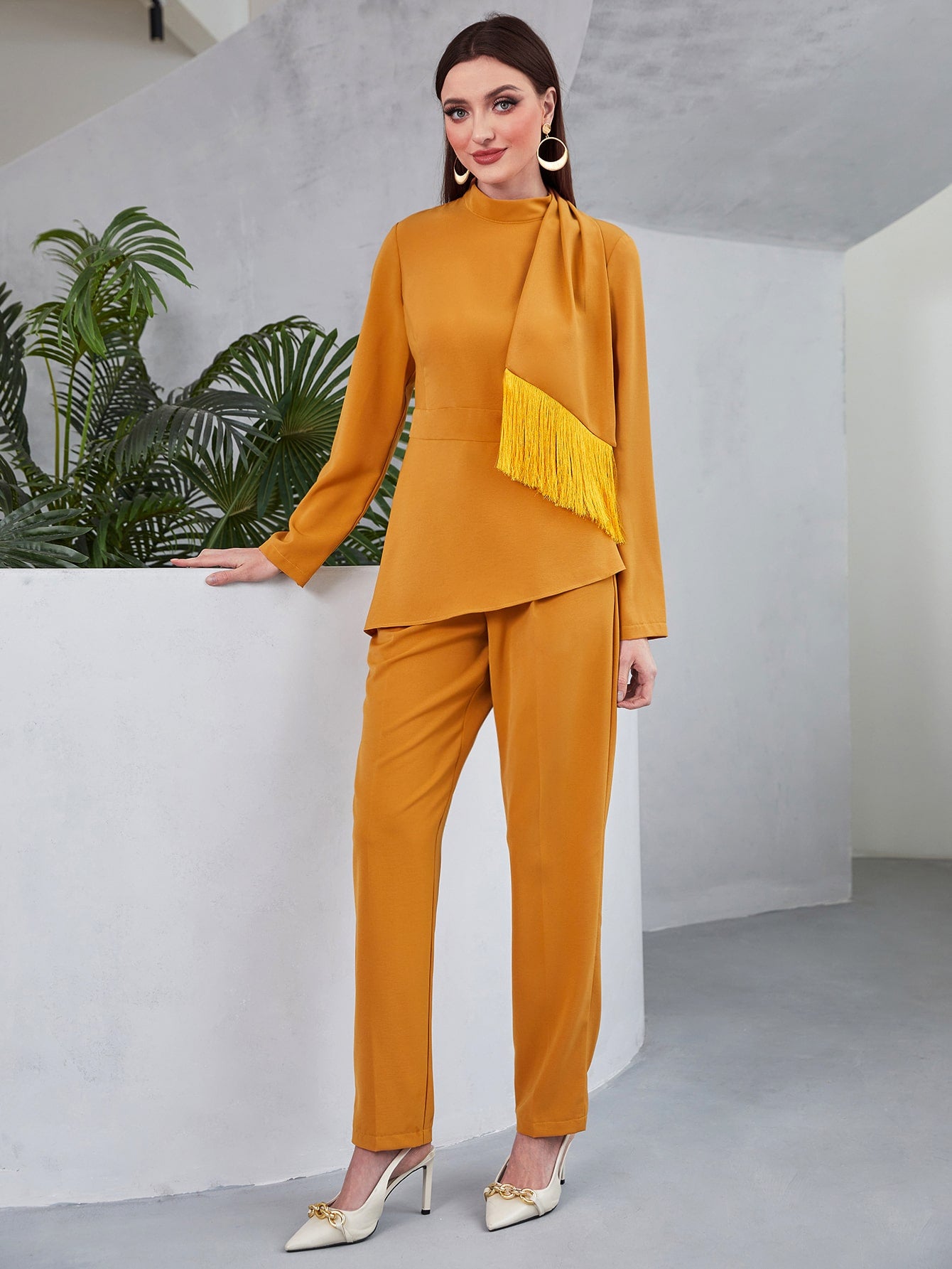 Mock Neck Tassel Trim Asymmetrical Hem Top & Pants Set