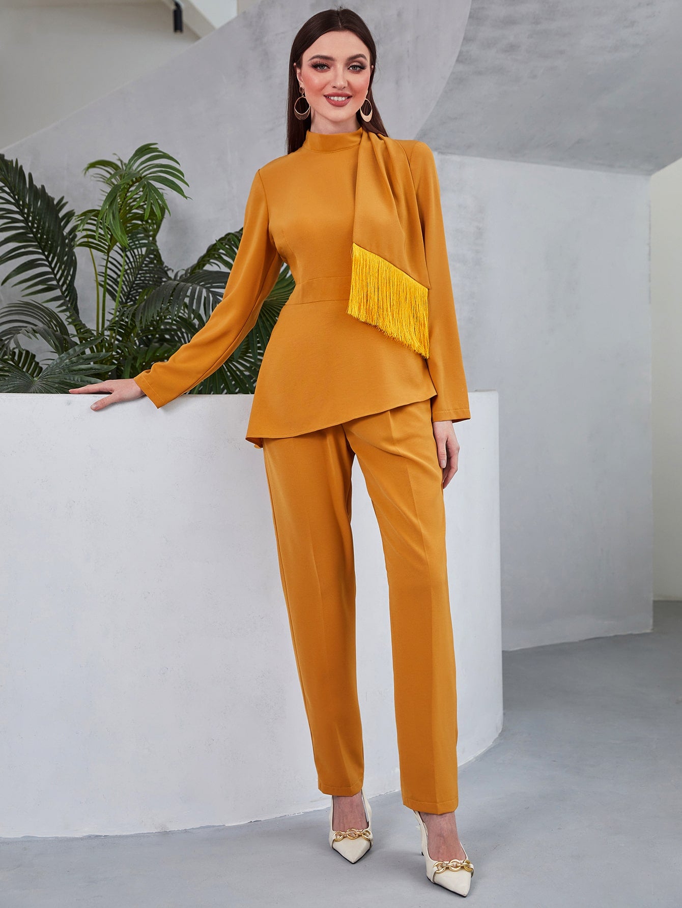 Mock Neck Tassel Trim Asymmetrical Hem Top & Pants Set