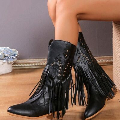 Studded Fringe PU Leather Boots