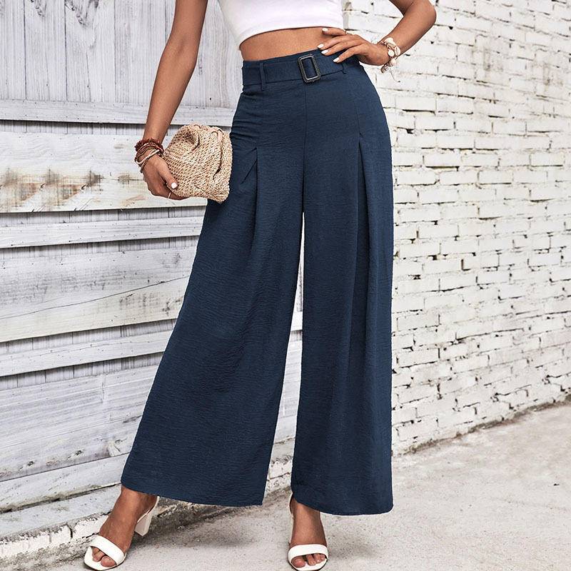 Solid High Waist Wide Leg Pants with Belt