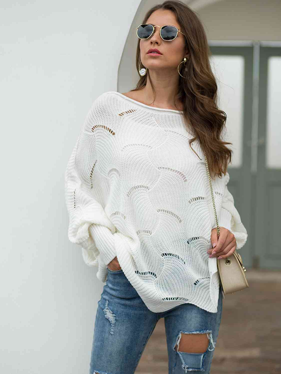 Full Size Boat Neck Lantern Sleeve Openwork Knit Top