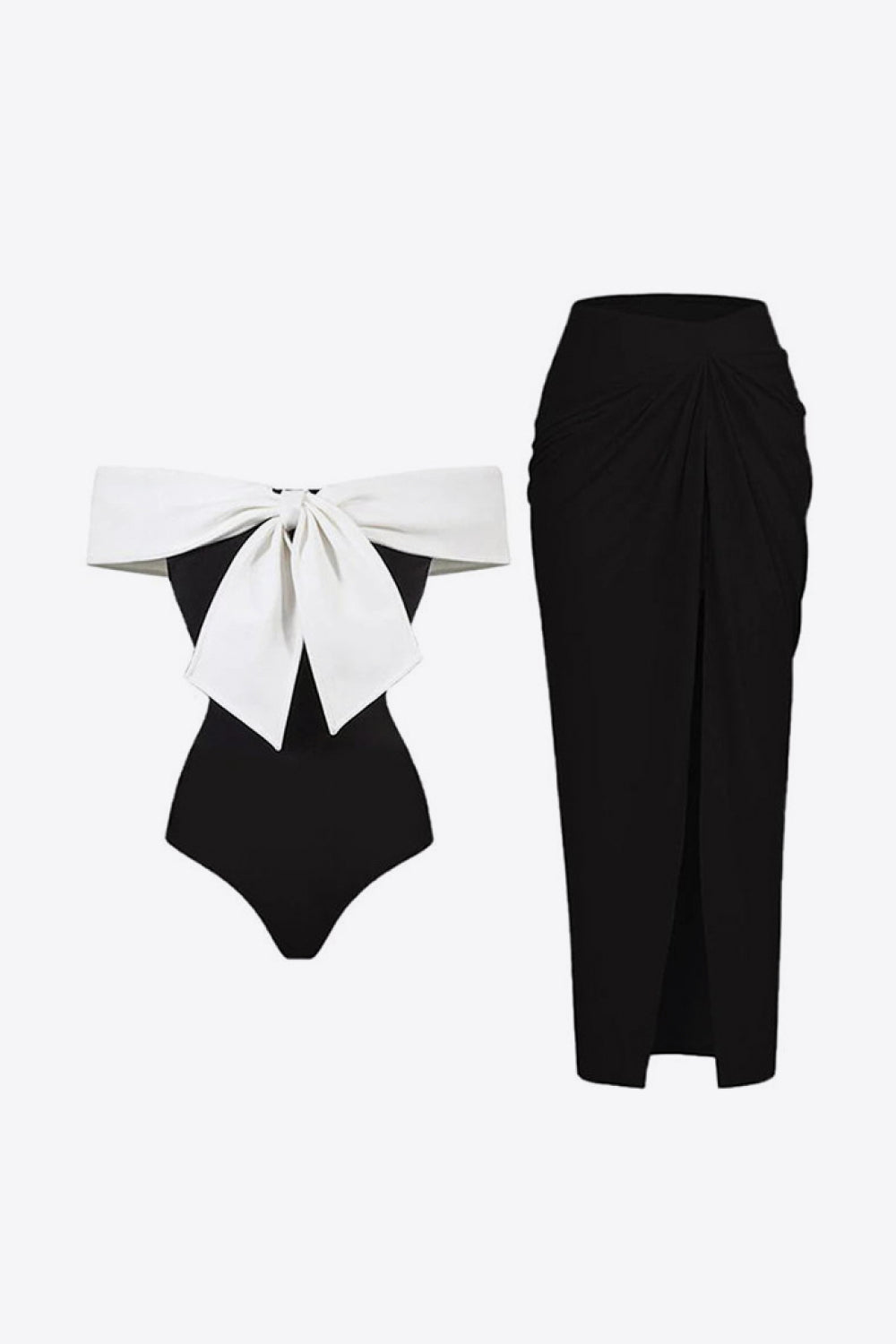 Black with White Bow Swimwear Set with Skirt