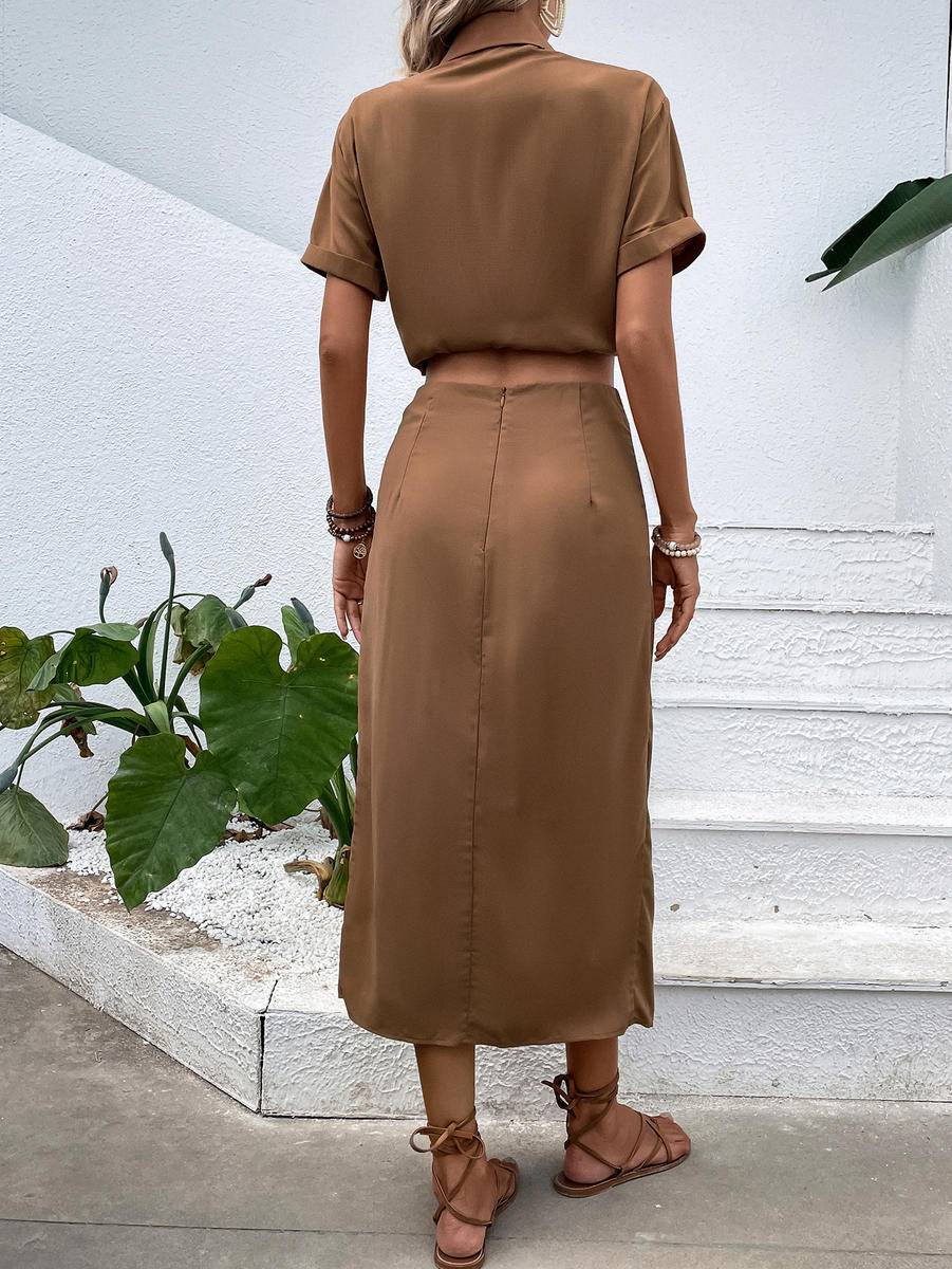 Solid Short Sleeve Cropped Shirt & Slit Maxi Skirt Set