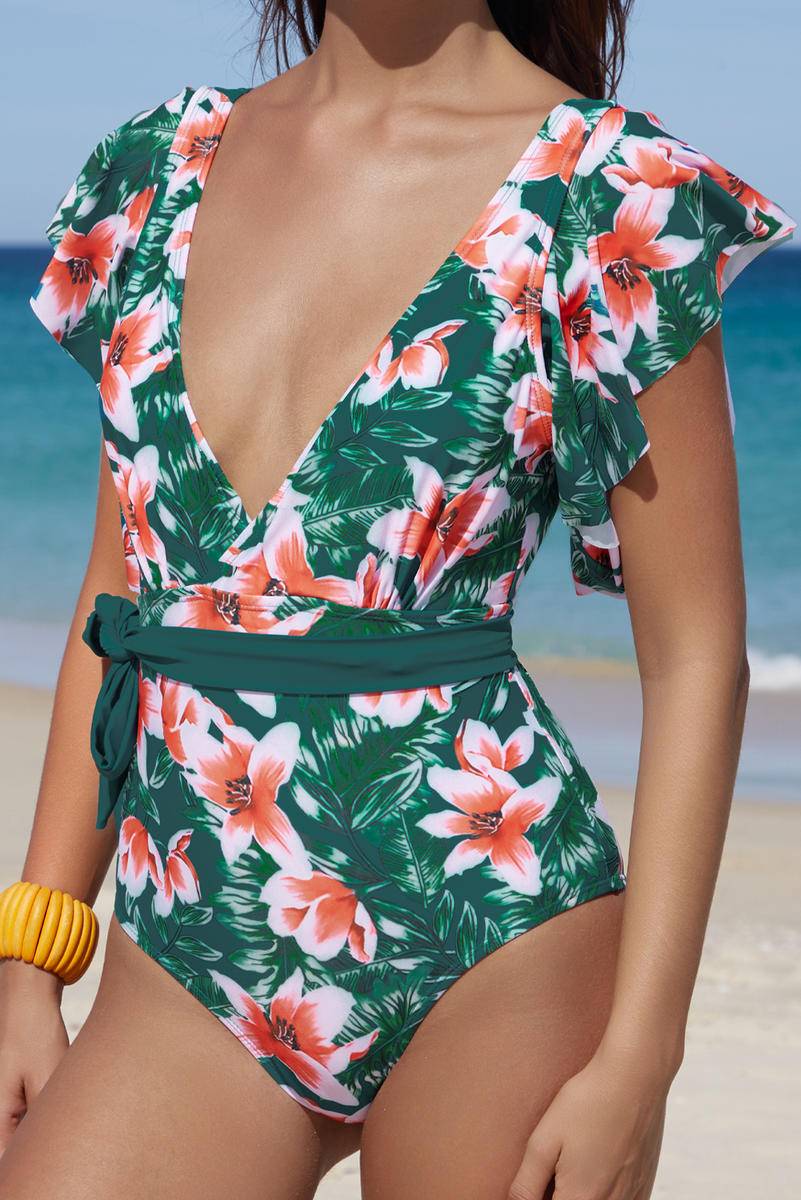 Deep V Neck Print Ruffled One Piece Swimwear