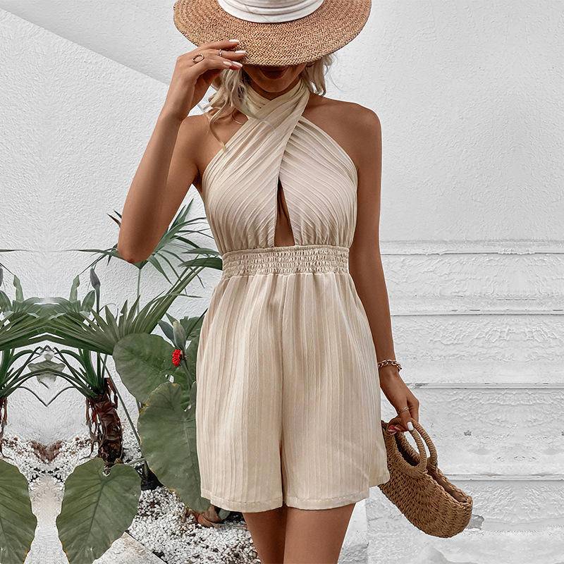 Halter Neck Sleeveless Shirring Tie Back Romper