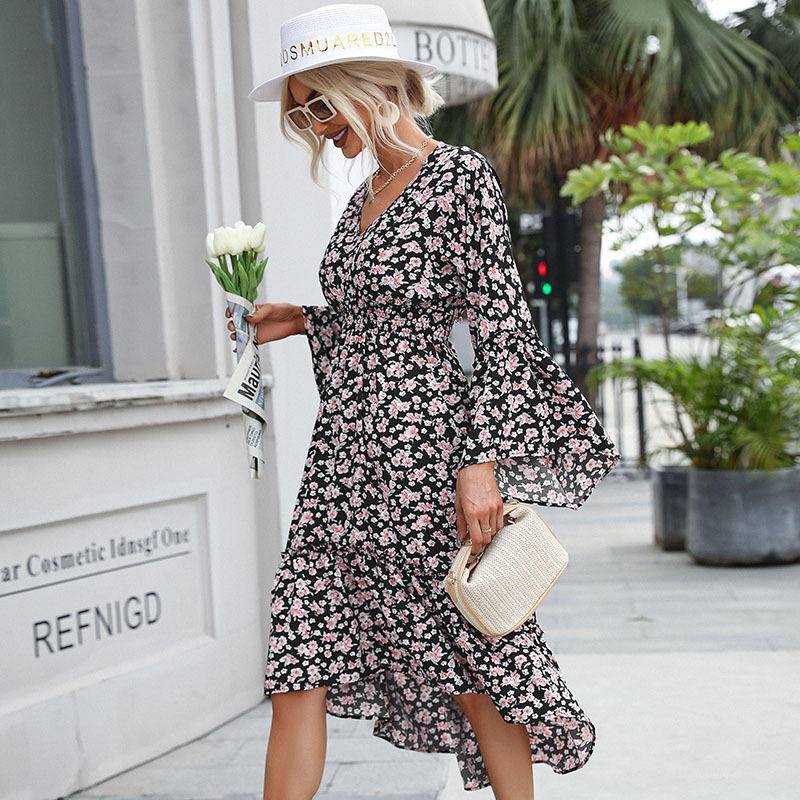 Floral V Neck Flare Sleeve High-Low Midi Dress (Without Belt)