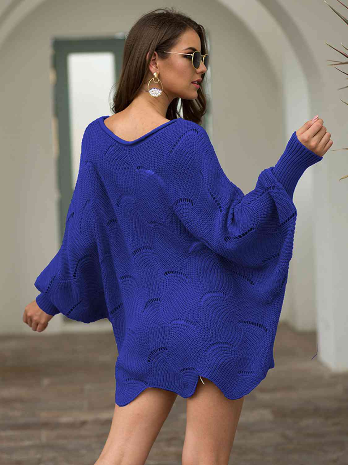 Full Size Boat Neck Lantern Sleeve Openwork Knit Top