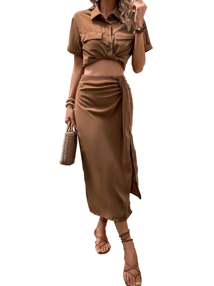 Solid Short Sleeve Cropped Shirt & Slit Maxi Skirt Set