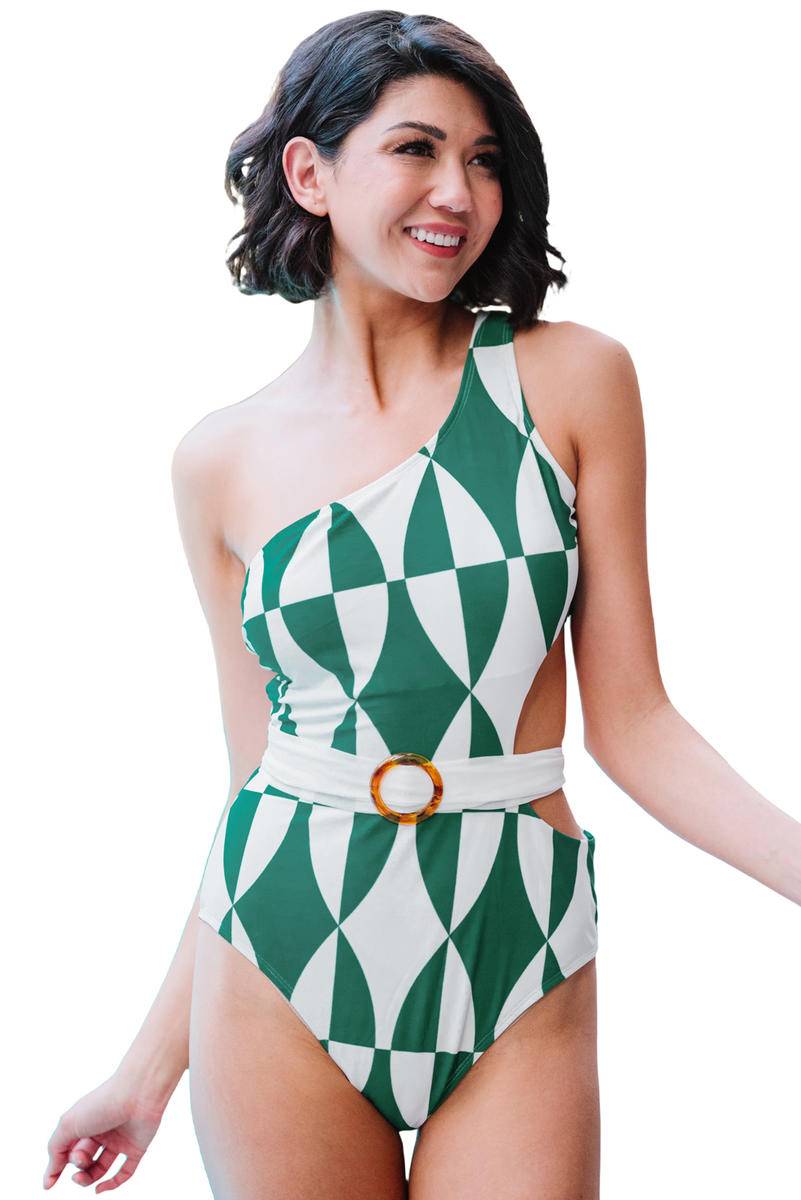 Asymmetrical Neck Geometrical Print Cut Out One Piece Swimwear