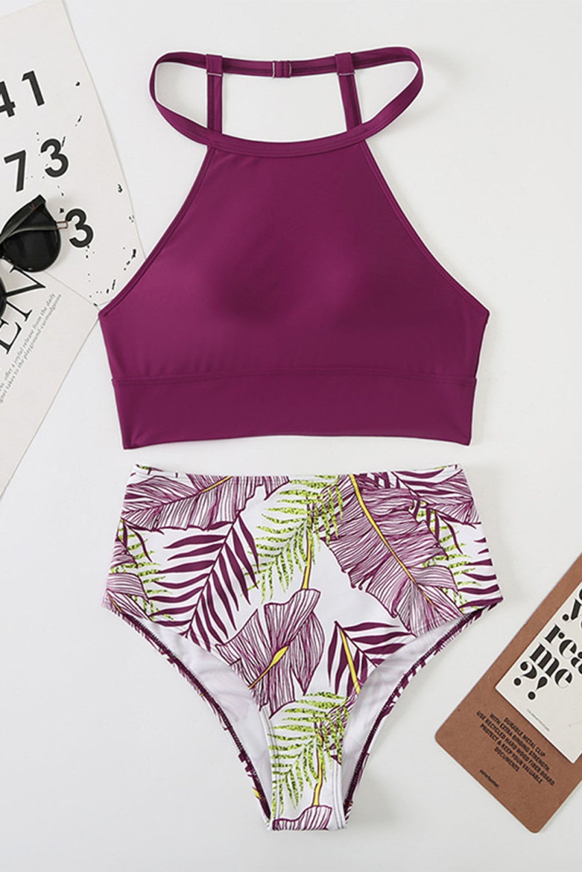 Solid Strappy Halter Bikini Printed High Waist Swimsuit