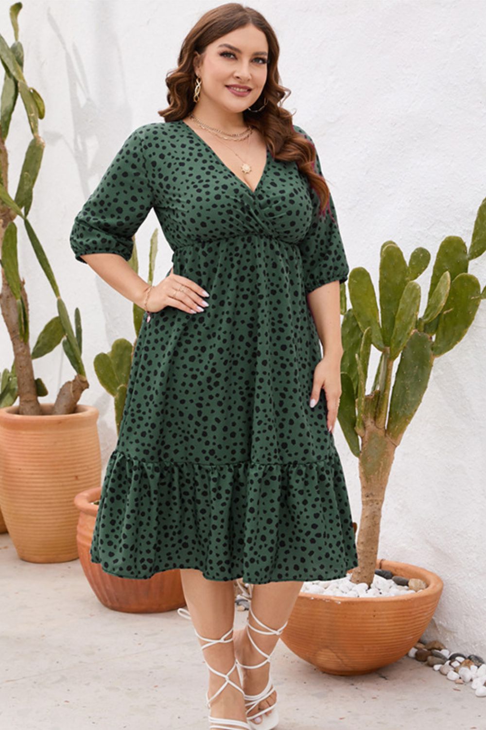 Plus Size Printed Surplice Ruffle Hem Dress