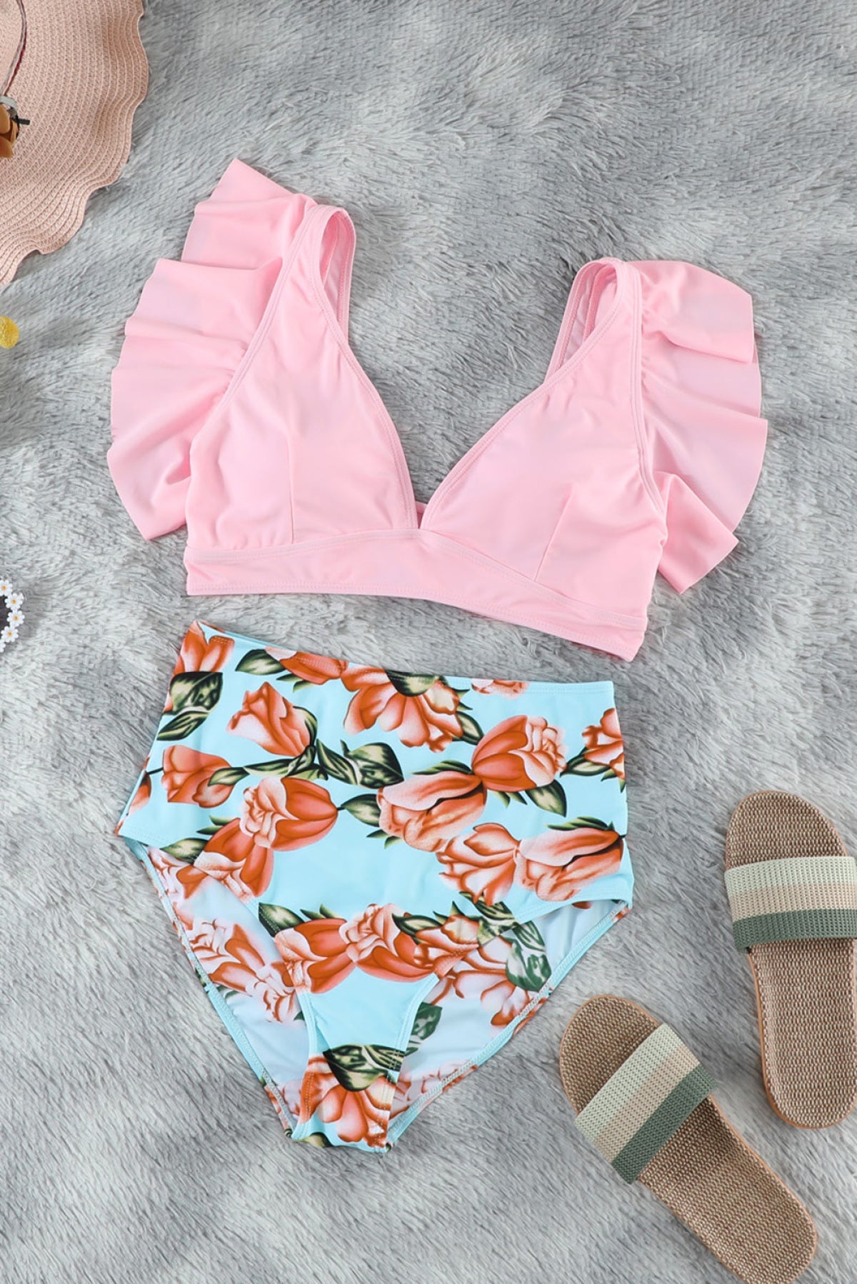 Floral Ruffled Hem High Waist Bikini Set