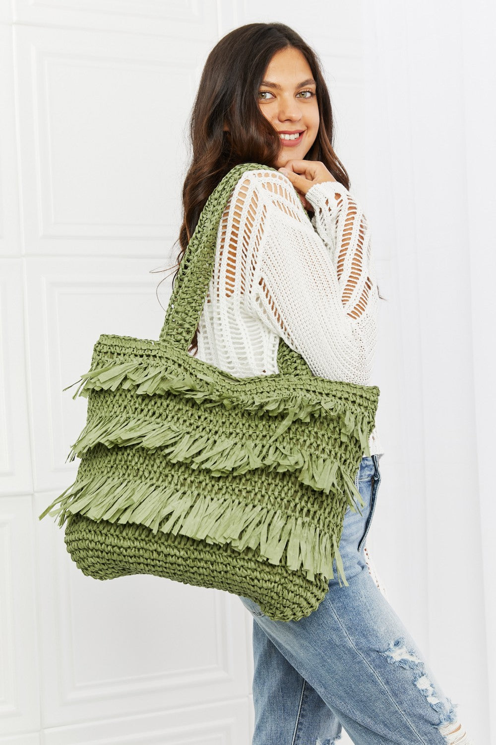 Olive Green Straw Fringe Tote Handbag