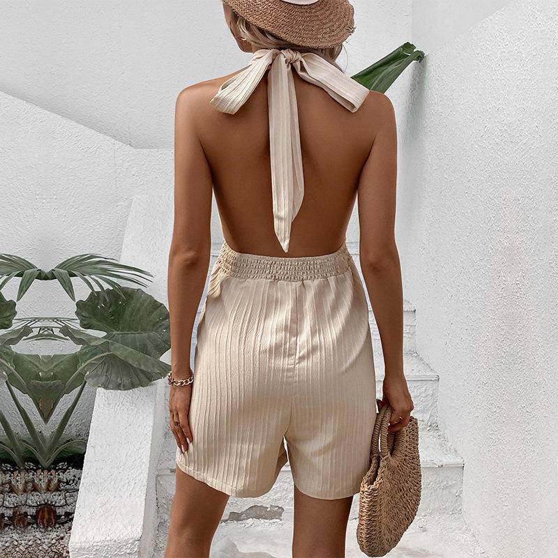 Halter Neck Sleeveless Shirring Tie Back Romper