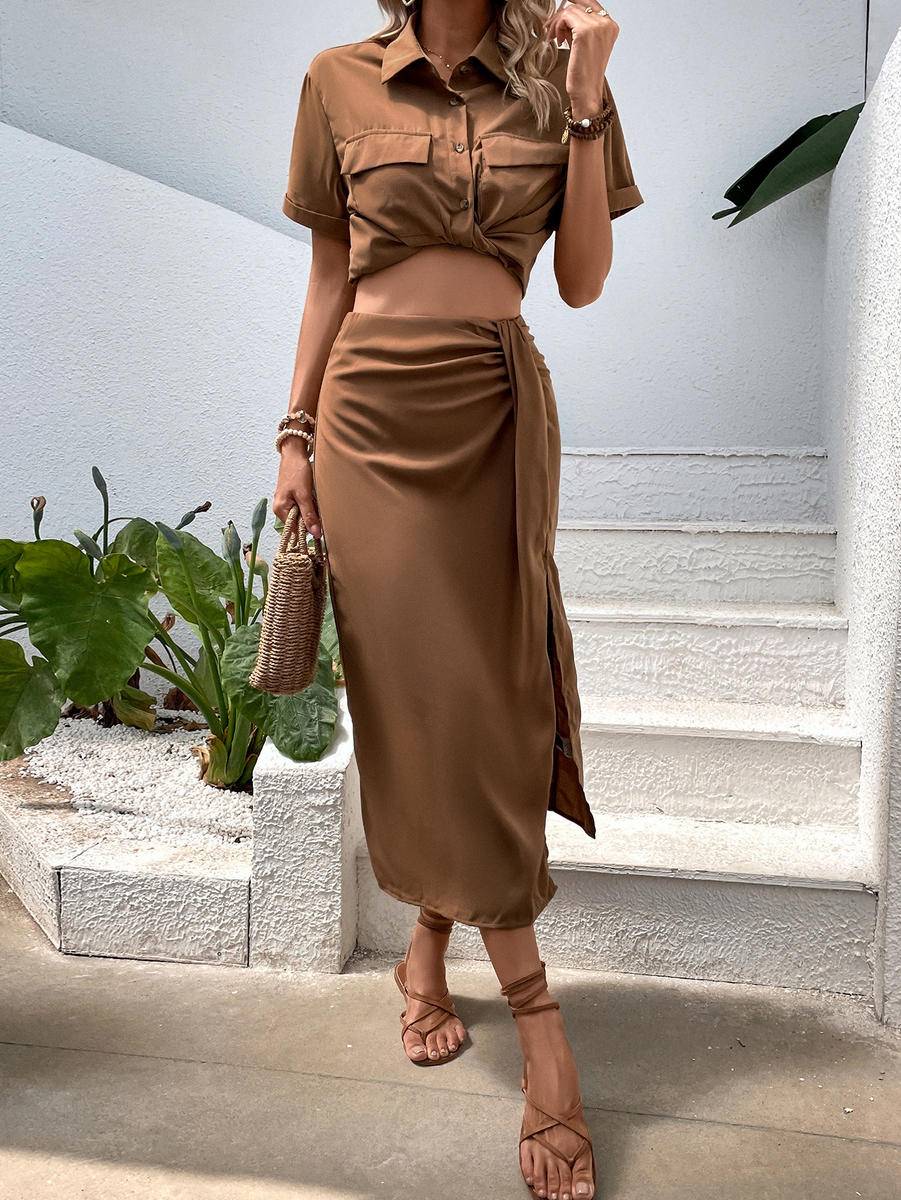 Solid Short Sleeve Cropped Shirt & Slit Maxi Skirt Set