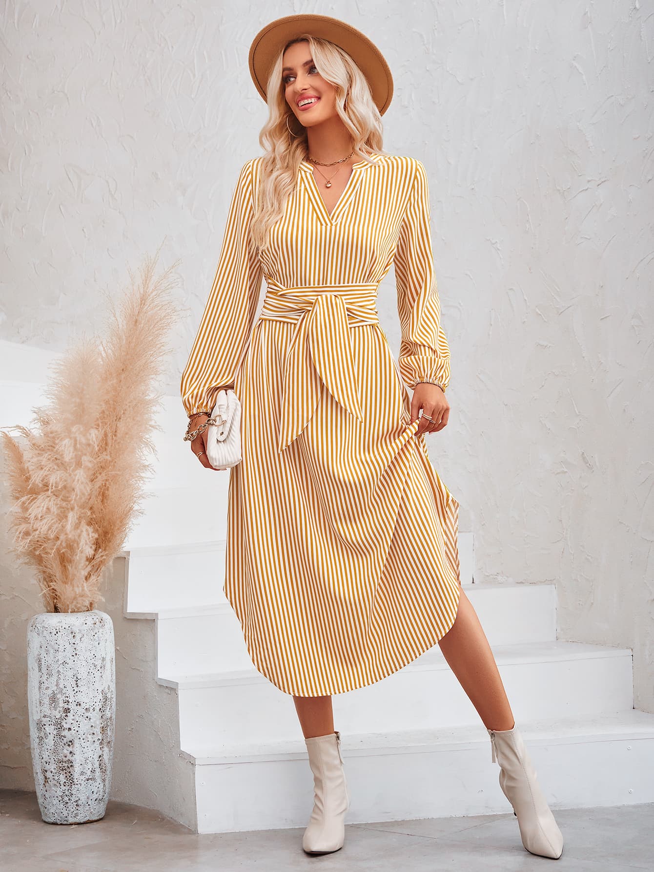 Striped Notched Neck Curved Hem Long Sleeve Dress