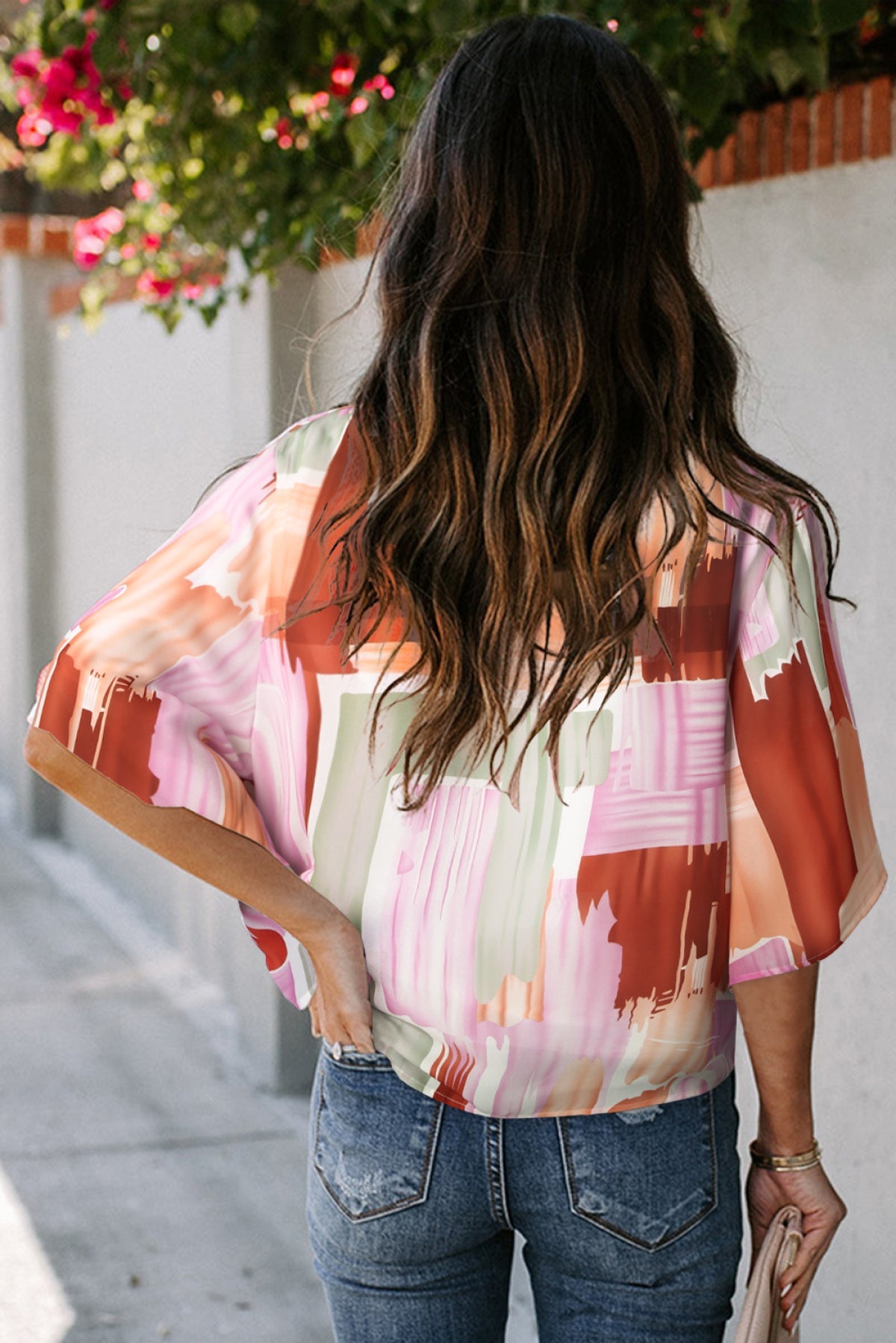 Multicolor Abstract Print Kimono Sleeve Blouse