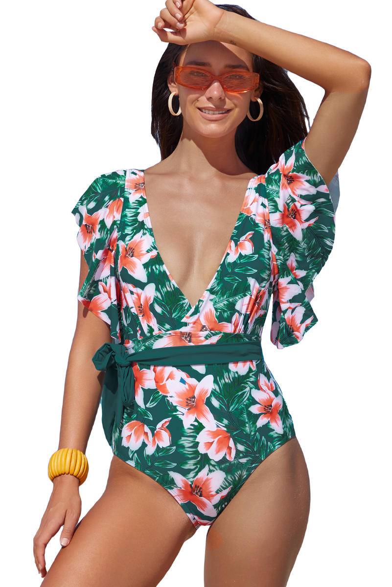 Deep V Neck Print Ruffled One Piece Swimwear