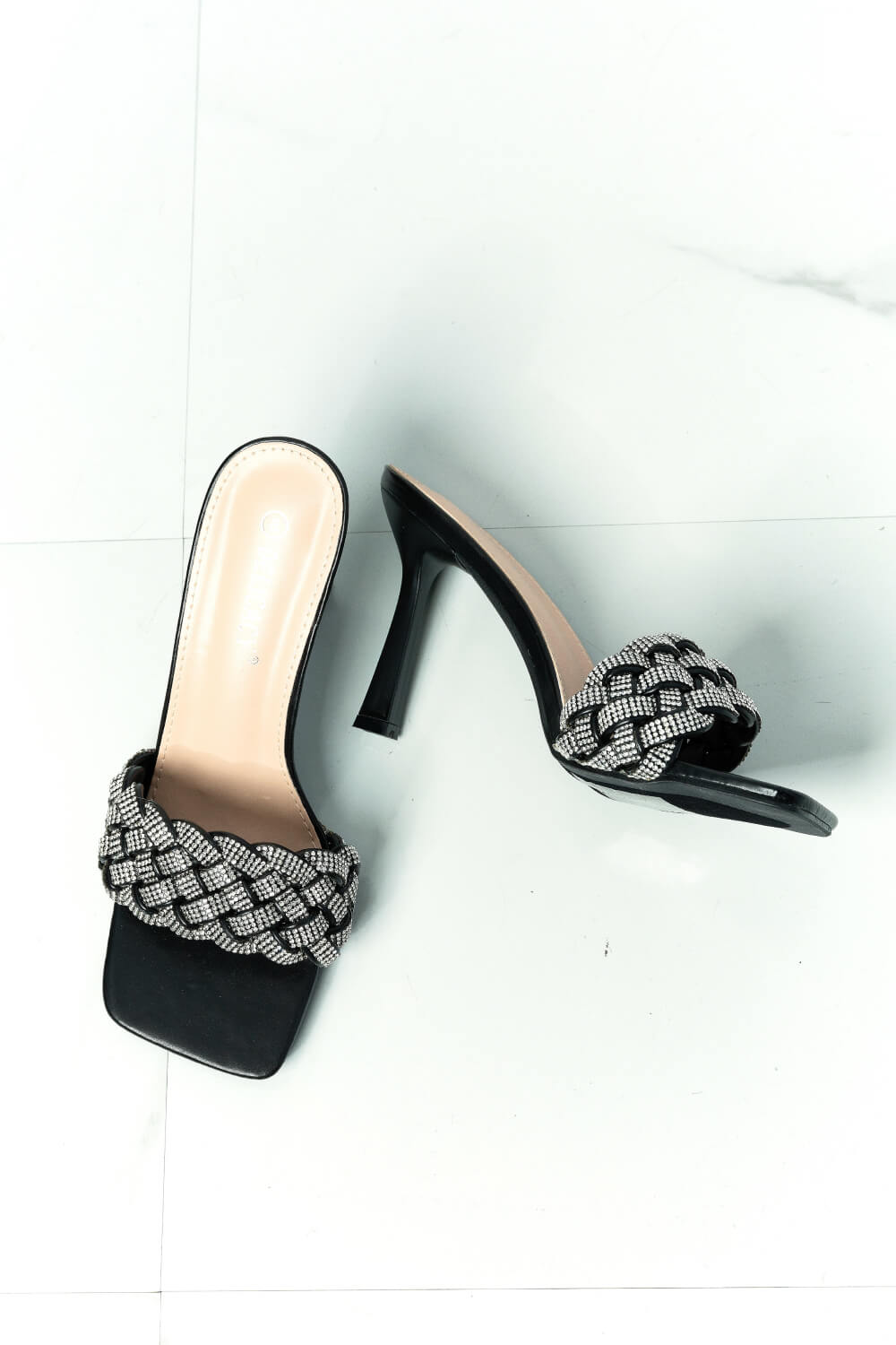 DELICACY Showstopper Braided Rhinestone Heel Slide in Black