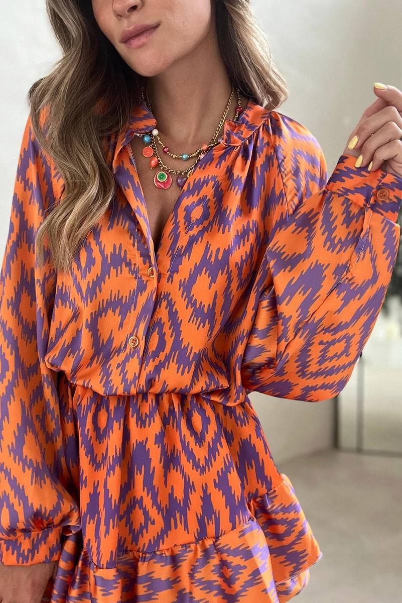 Aztec Orange Print Bubble Sleeve High Waist Romper