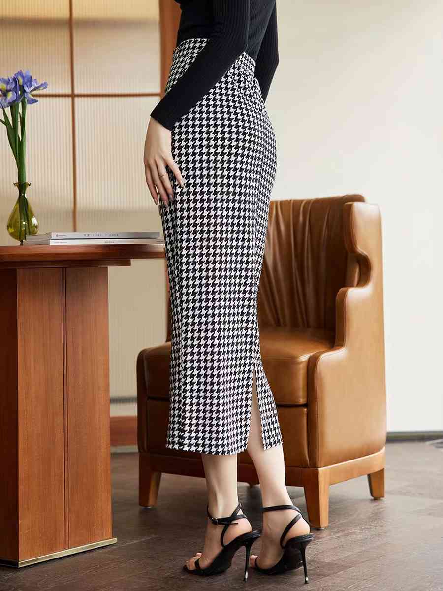 Houndstooth Decorative Button Slit Midi Skirt