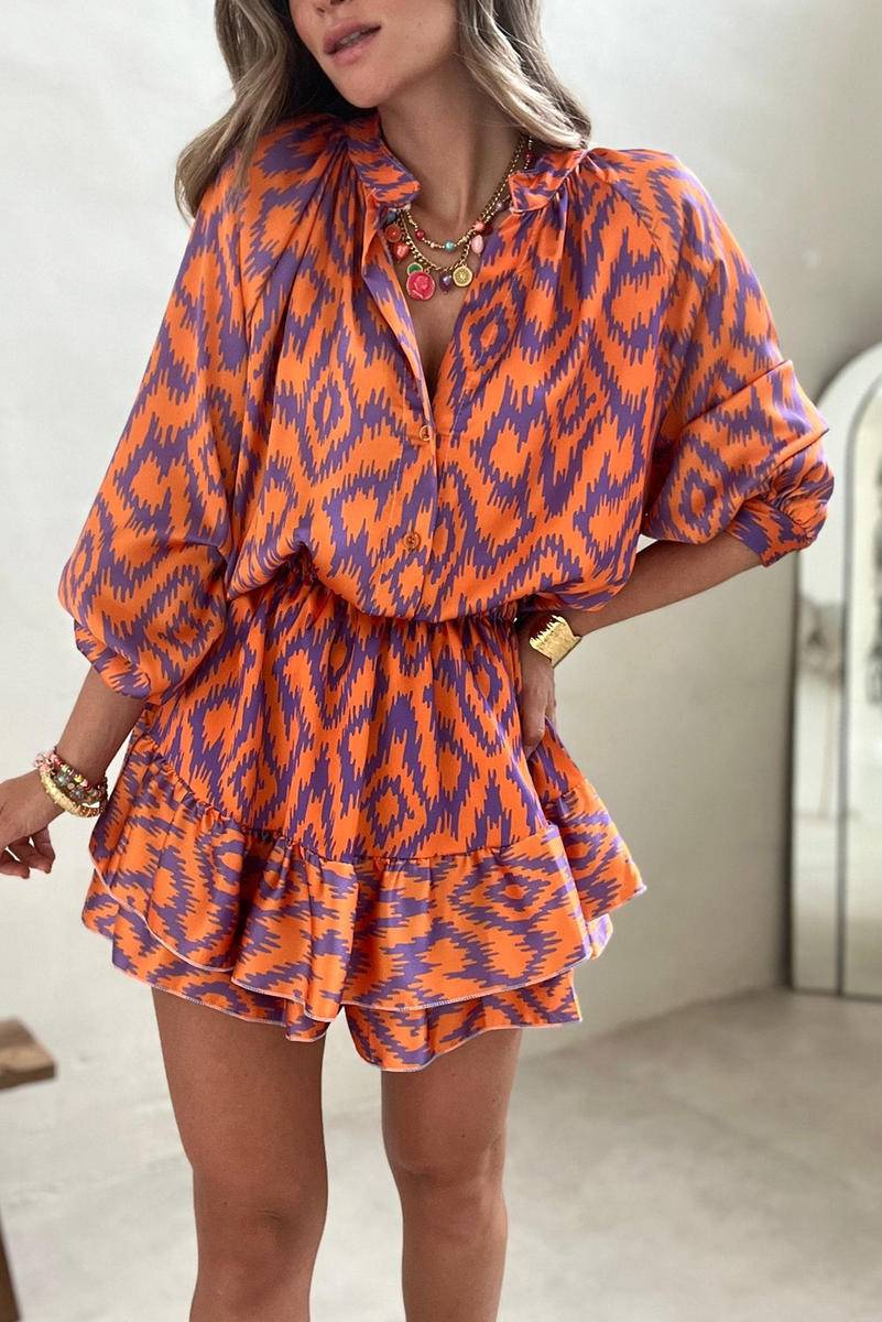 Orange Print Bubble Sleeve Blouse