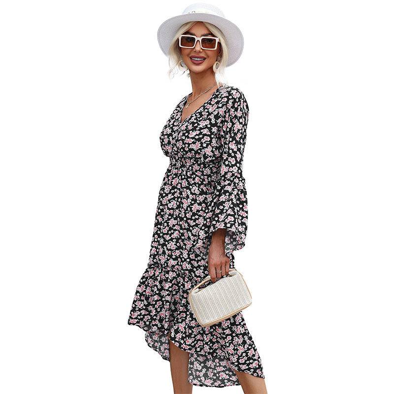 Floral V Neck Flare Sleeve High-Low Midi Dress (Without Belt)