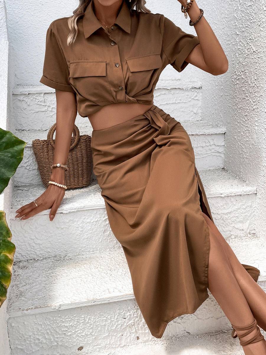 Solid Short Sleeve Cropped Shirt & Slit Maxi Skirt Set