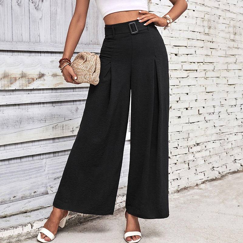 Solid High Waist Wide Leg Pants with Belt