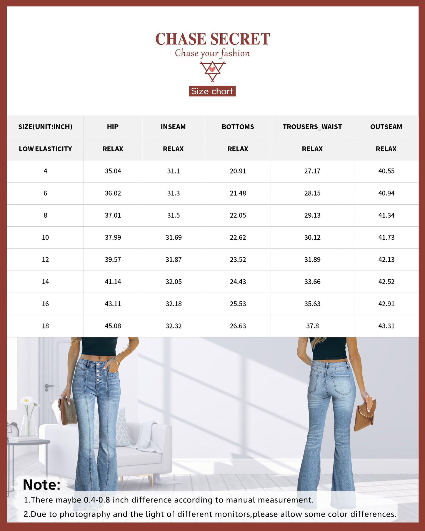 Chase Secret Womens Flare Denim Jeans High Waisted Button Baggy Stretch Bell Bottom Jeans Pants with Pocket - Beauty Always Fashion