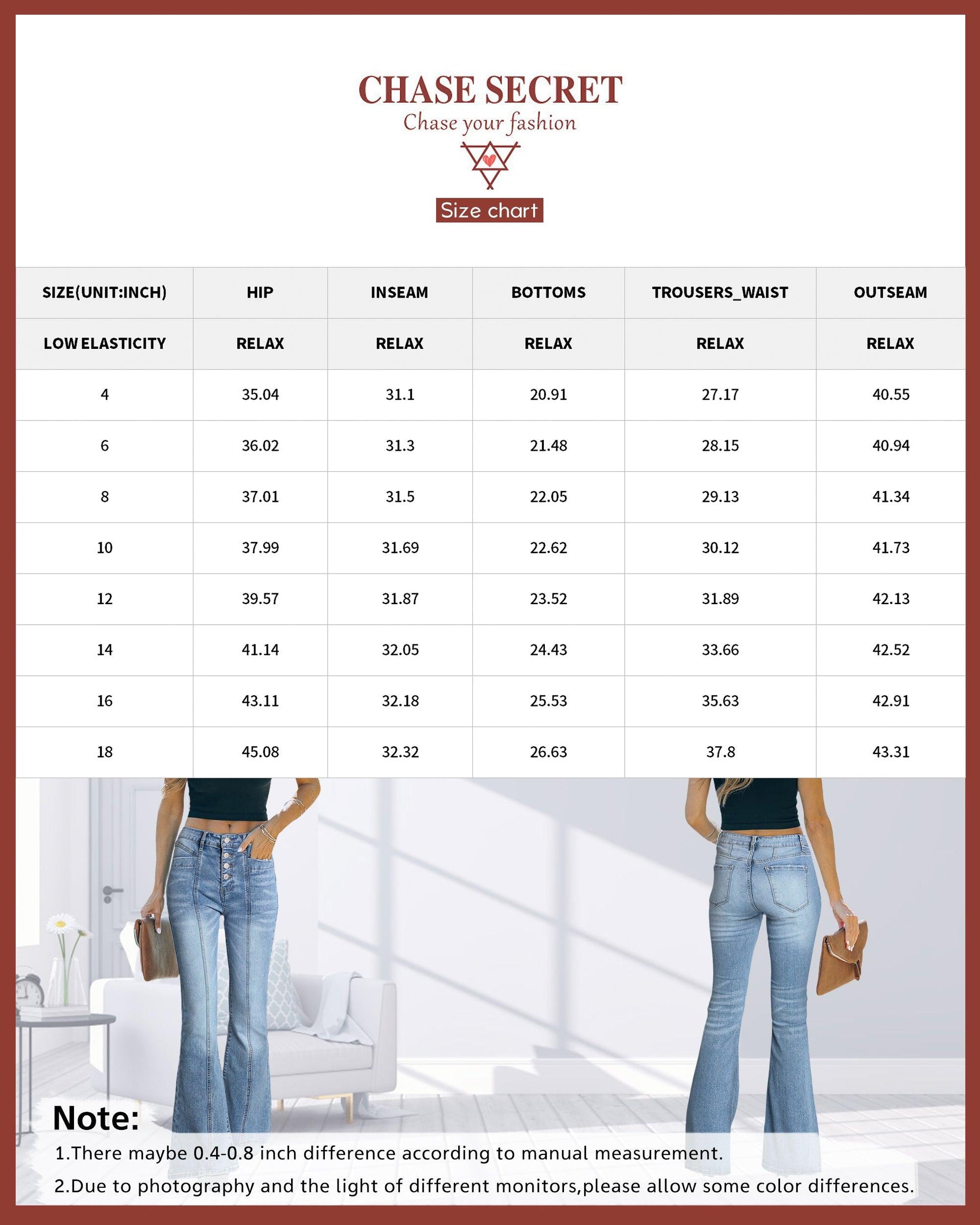 Chase Secret Womens Flare Denim Jeans High Waisted Button Baggy Stretch Bell Bottom Jeans Pants with Pocket - Beauty Always Fashion