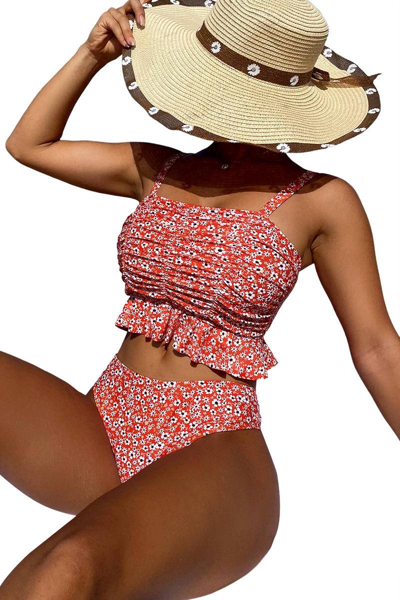 2Pcs Dainty Floral Print Ruffle Trim Bikini Swimsuit