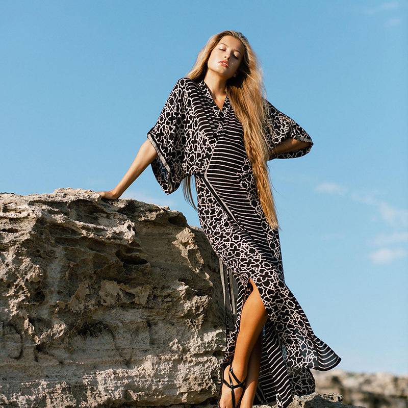 Snakeskin Print Half Sleeve Drawstring Slit Kimono