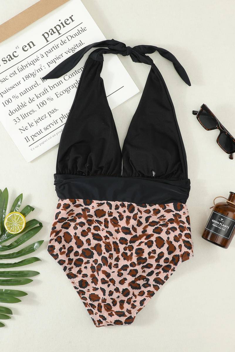 Plunge Colorblock Leopard Bottoms One-Piece Swimsuit