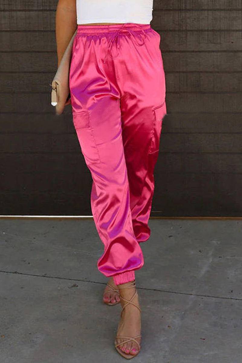 Satin Pocketed Drawstring Elastic Waist Pants