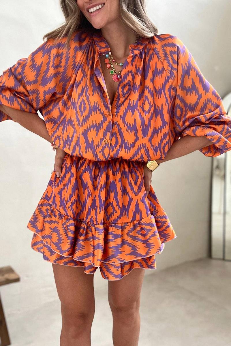 Aztec Orange Print Bubble Sleeve High Waist Romper