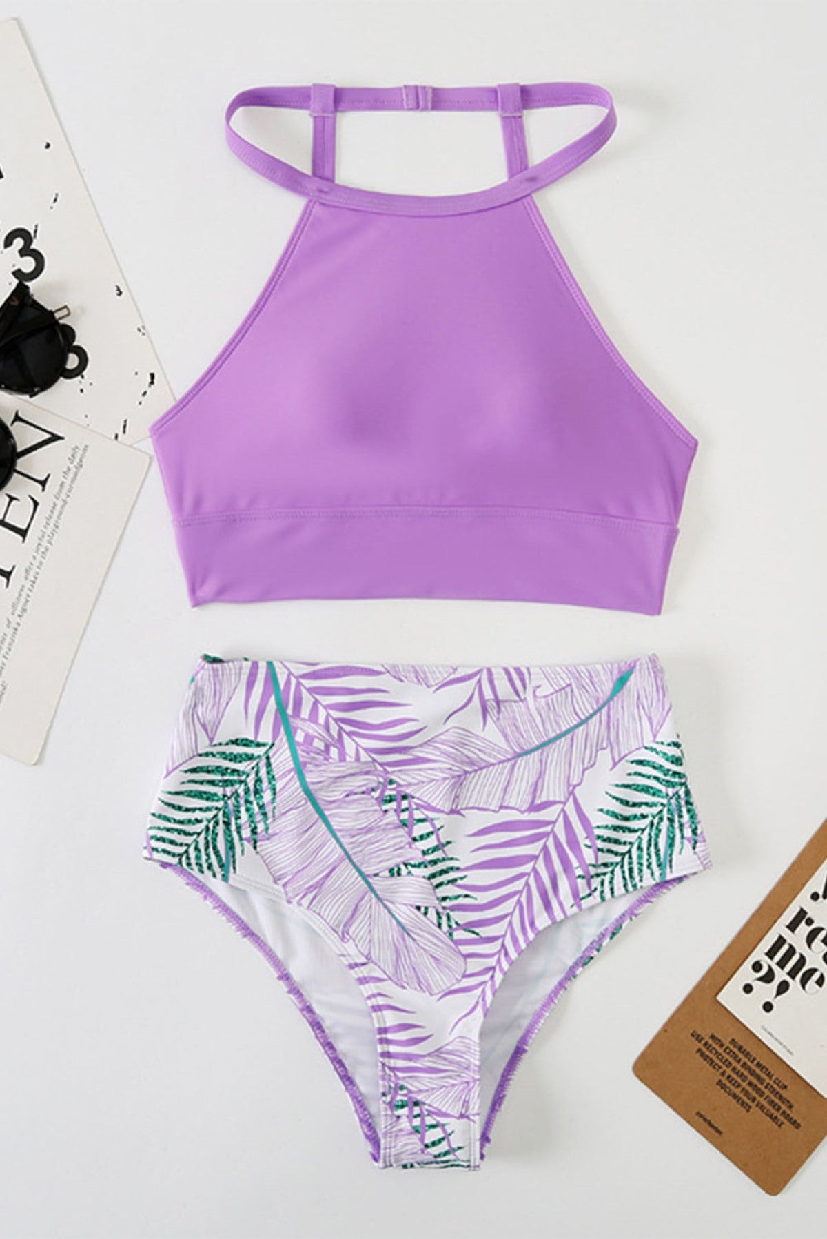 Solid Strappy Halter Bikini Printed High Waist Swimsuit