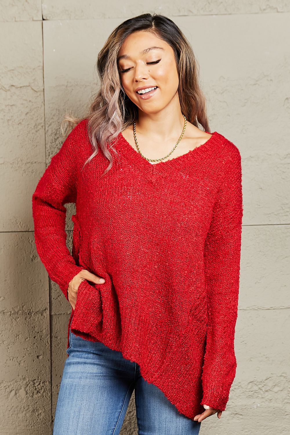 Heimish By The Fire Full Size Draped Detail Knit Sweater